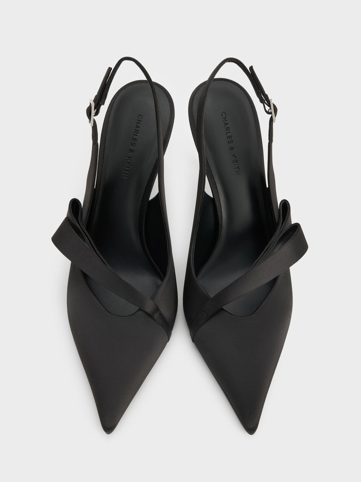 CHARLES & KEITH New | Satin Pleated-Strap Slingback Pumps - Black Textured