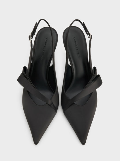 CHARLES & KEITH New | Satin Pleated-Strap Slingback Pumps - Black Textured