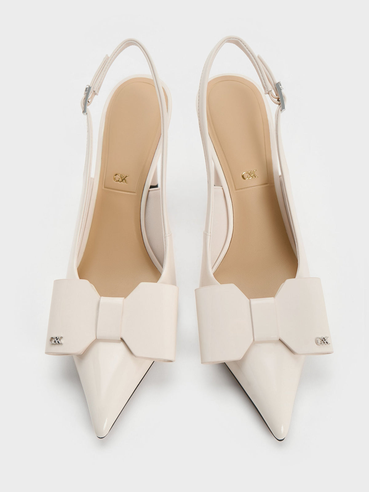 CHARLES & KEITH Quality | Lu Patent Leather Bow Slingback Pumps - Chalk