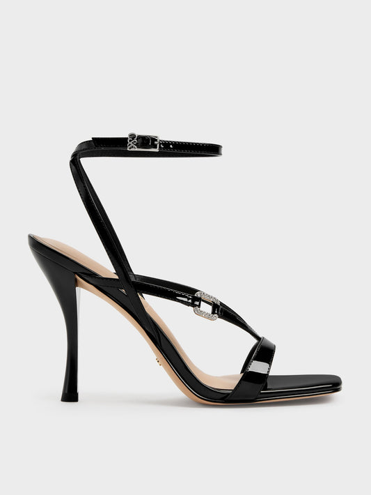 CHARLES & KEITH Special Offer | Patent Leather Crystal-Buckle Ankle-Strap Heels - Black Patent