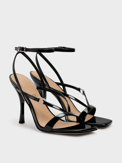 CHARLES & KEITH Special Offer | Patent Leather Crystal-Buckle Ankle-Strap Heels - Black Patent