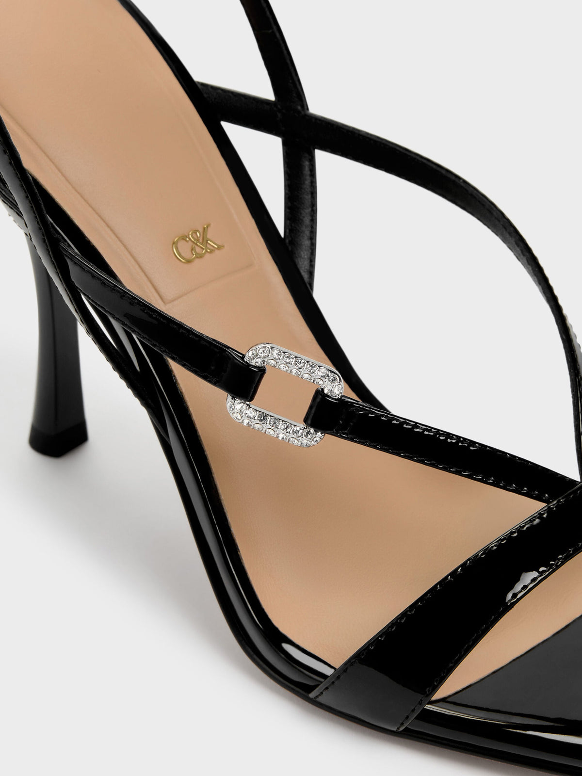 CHARLES & KEITH Special Offer | Patent Leather Crystal-Buckle Ankle-Strap Heels - Black Patent