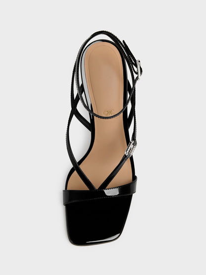 CHARLES & KEITH Special Offer | Patent Leather Crystal-Buckle Ankle-Strap Heels - Black Patent