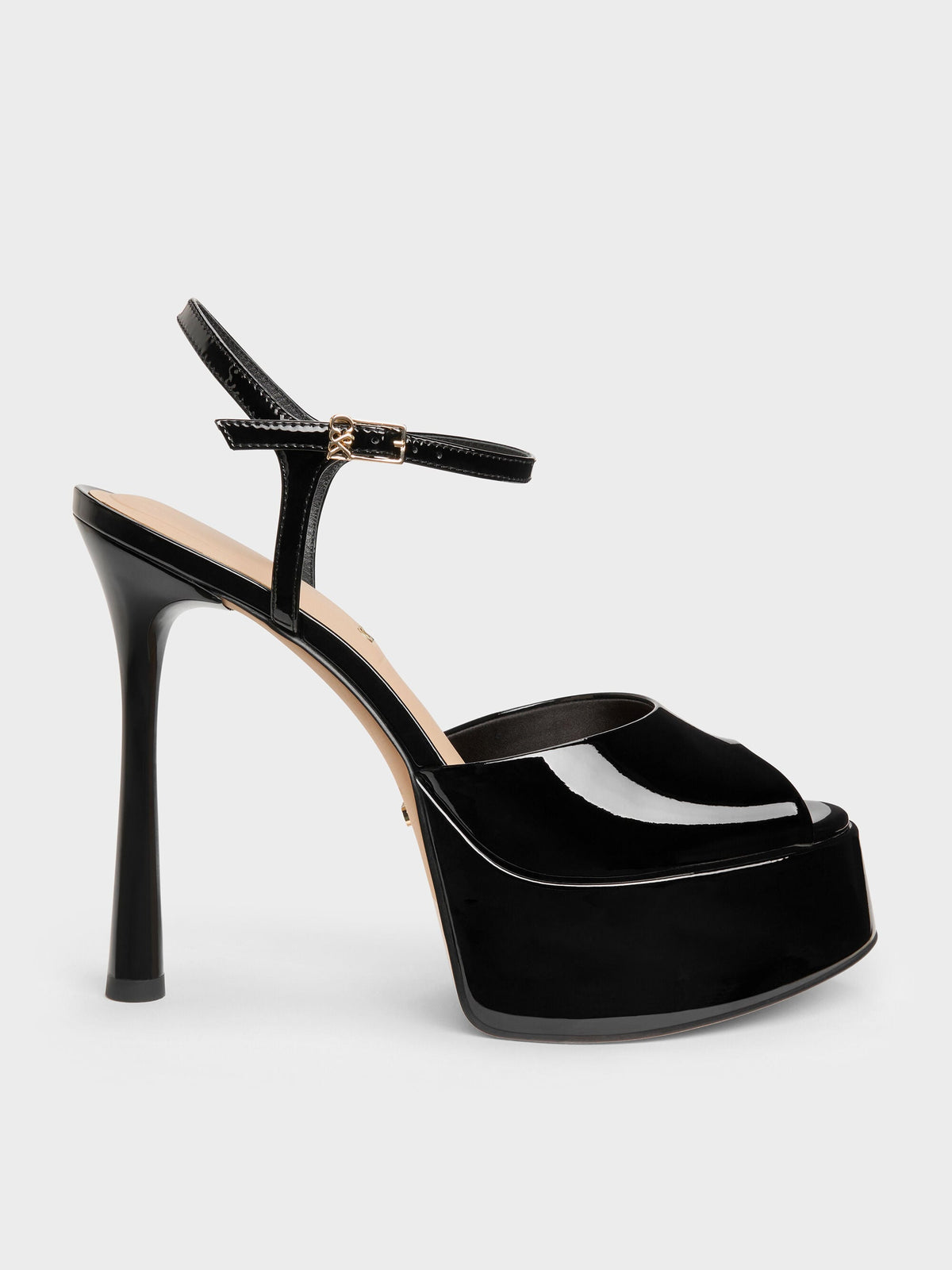 CHARLES & KEITH Premium | Francesca Patent Leather Peep-Toe Platform Heels - Black Patent
