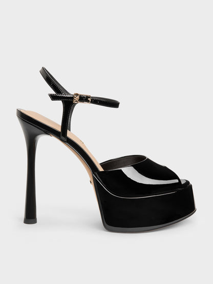 CHARLES & KEITH Premium | Francesca Patent Leather Peep-Toe Platform Heels - Black Patent