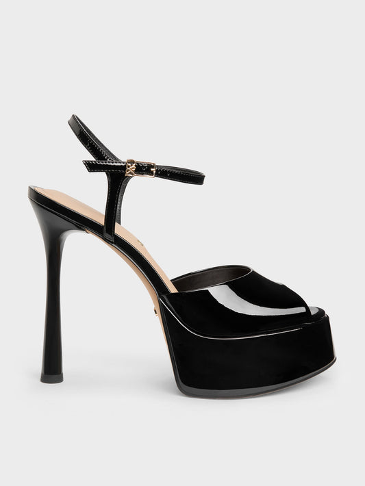 CHARLES & KEITH Premium | Francesca Patent Leather Peep-Toe Platform Heels - Black Patent