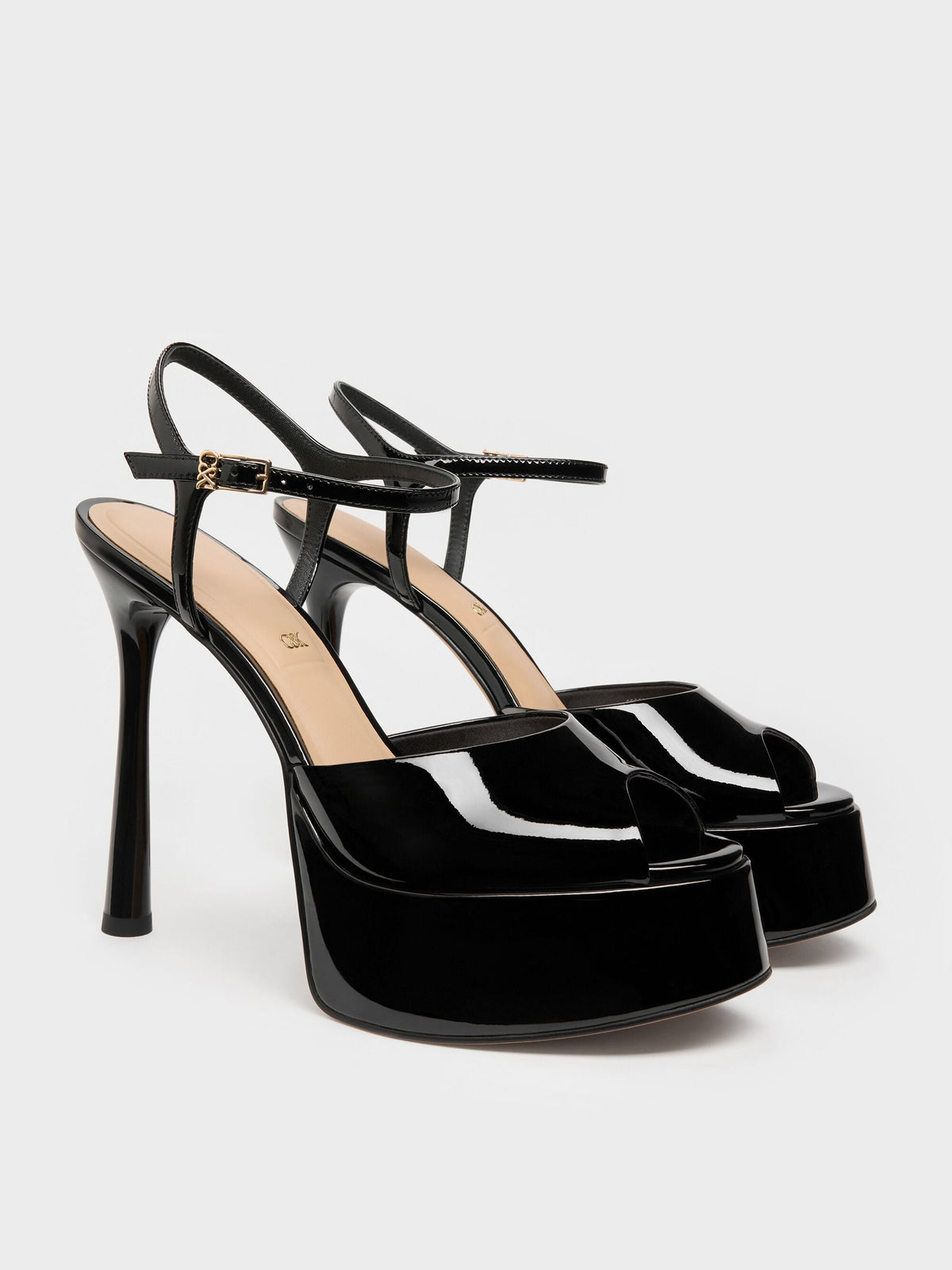 CHARLES & KEITH Premium | Francesca Patent Leather Peep-Toe Platform Heels - Black Patent