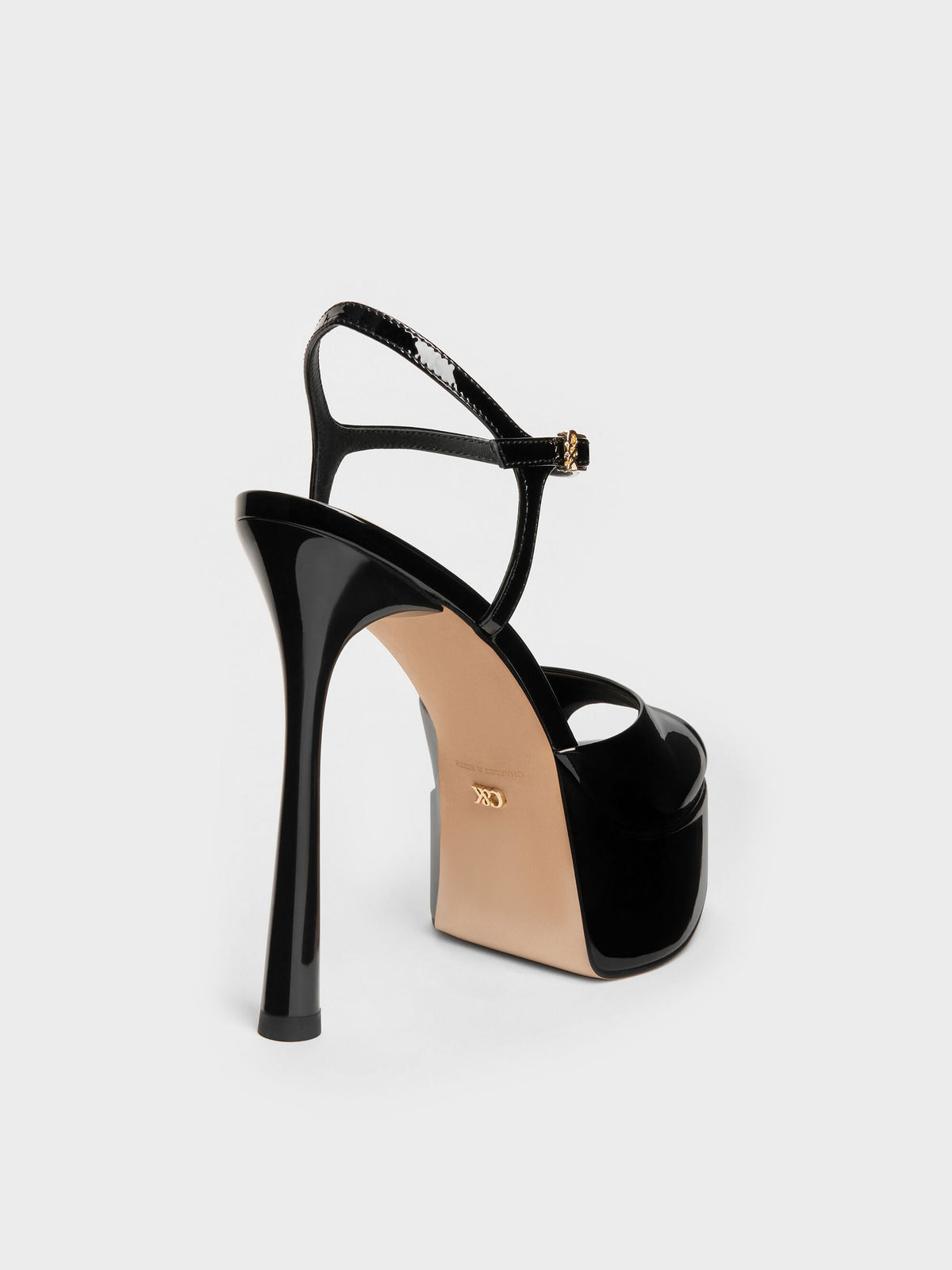 CHARLES & KEITH Premium | Francesca Patent Leather Peep-Toe Platform Heels - Black Patent