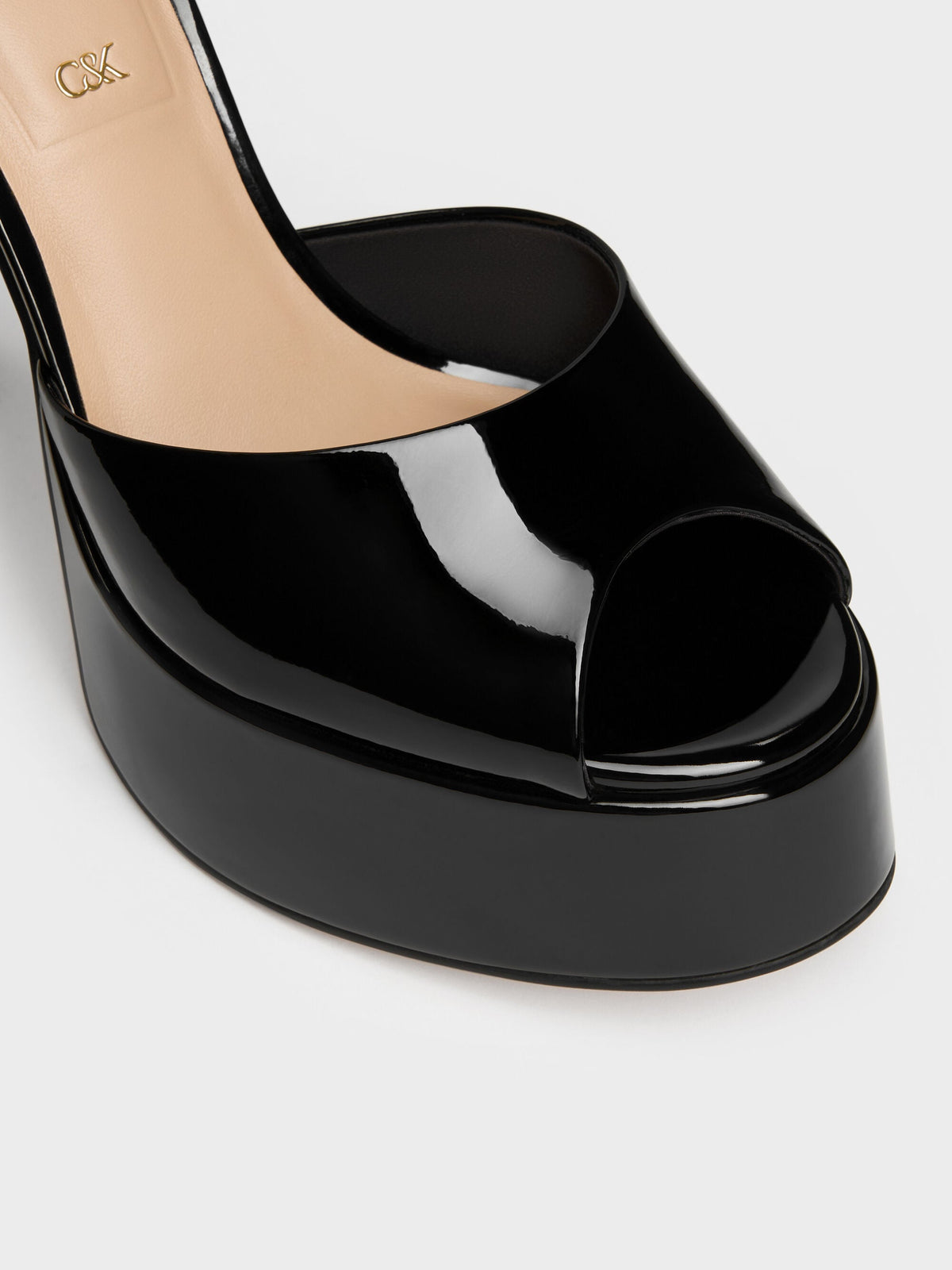 CHARLES & KEITH Premium | Francesca Patent Leather Peep-Toe Platform Heels - Black Patent