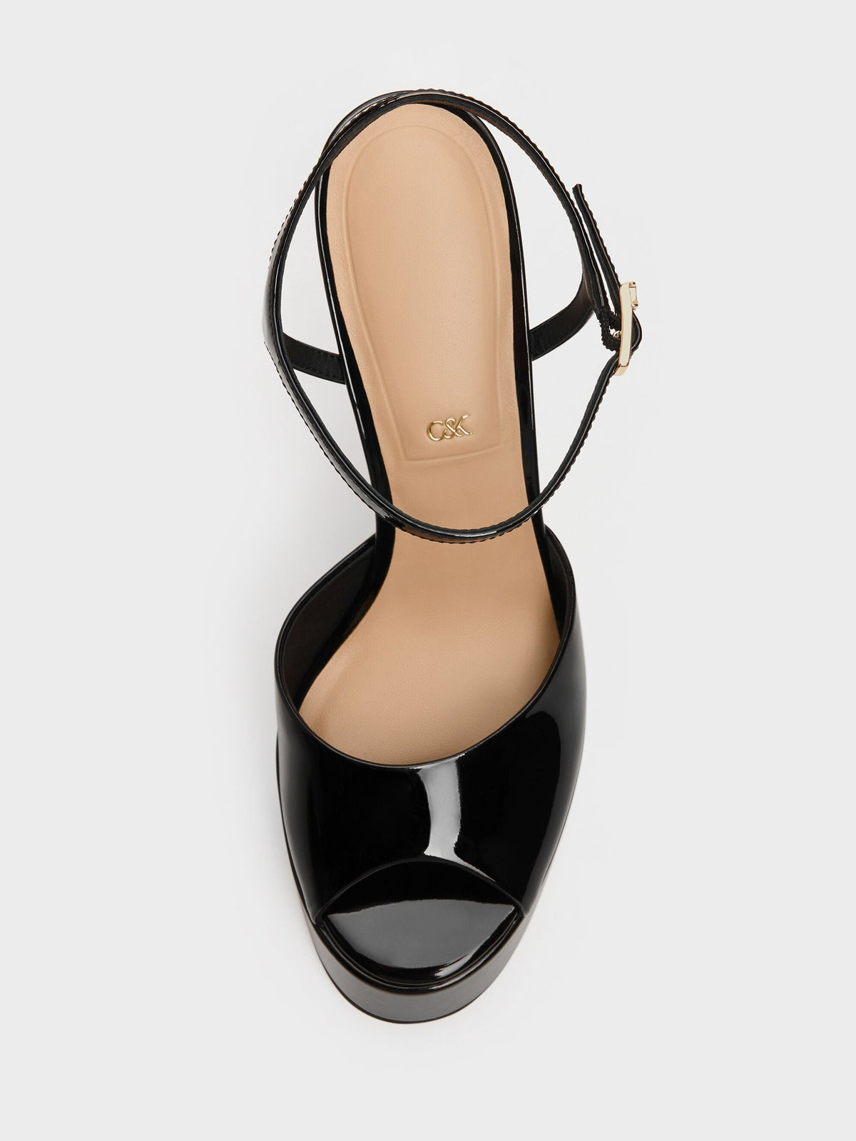 CHARLES & KEITH Premium | Francesca Patent Leather Peep-Toe Platform Heels - Black Patent