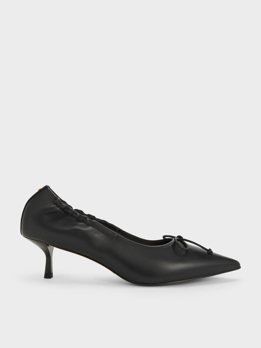 CHARLES & KEITH Signature | Leather Ruched Pointed Kitten Heels - Black