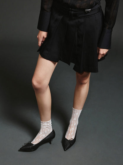CHARLES & KEITH Signature | Leather Ruched Pointed Kitten Heels - Black