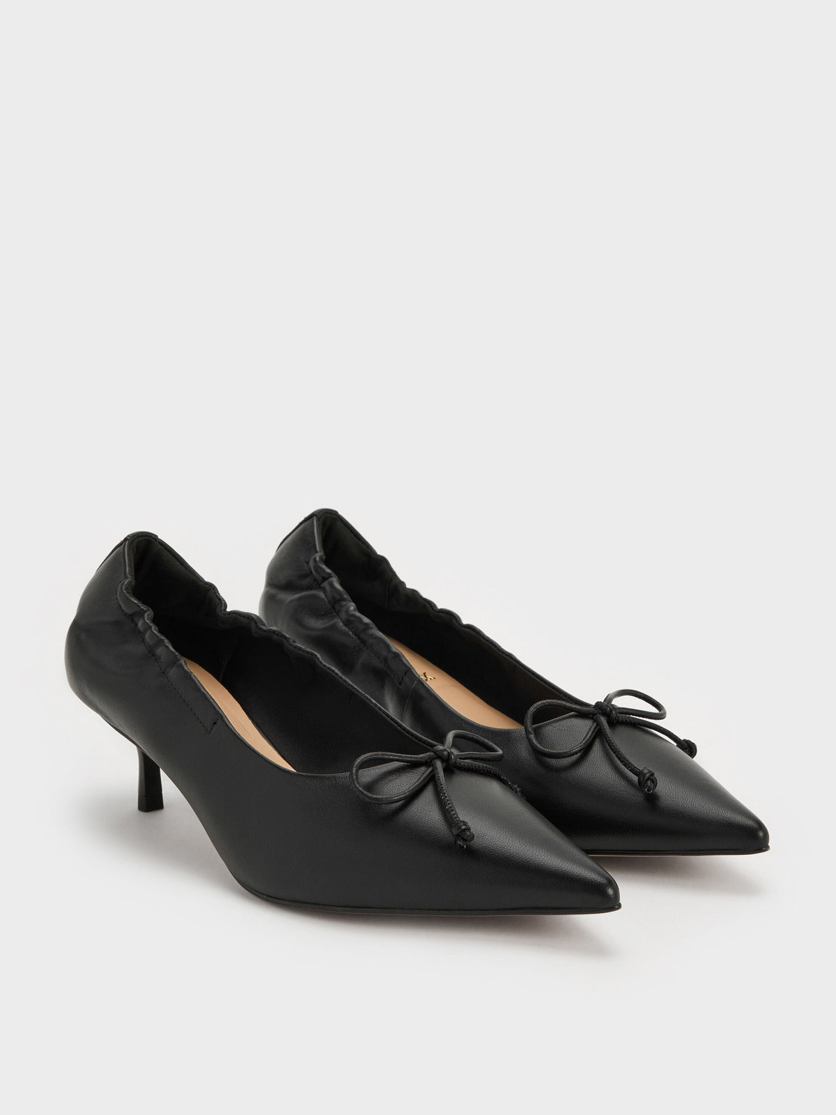 CHARLES & KEITH Signature | Leather Ruched Pointed Kitten Heels - Black