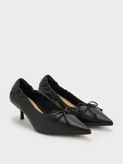 CHARLES & KEITH Signature | Leather Ruched Pointed Kitten Heels - Black