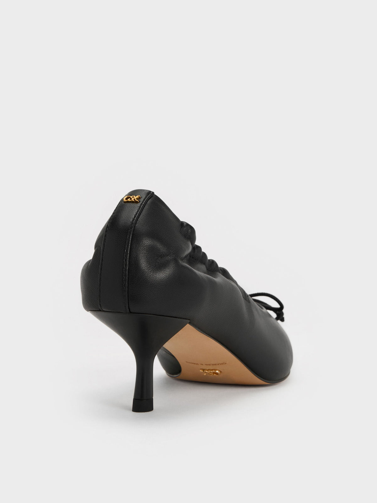 CHARLES & KEITH Signature | Leather Ruched Pointed Kitten Heels - Black