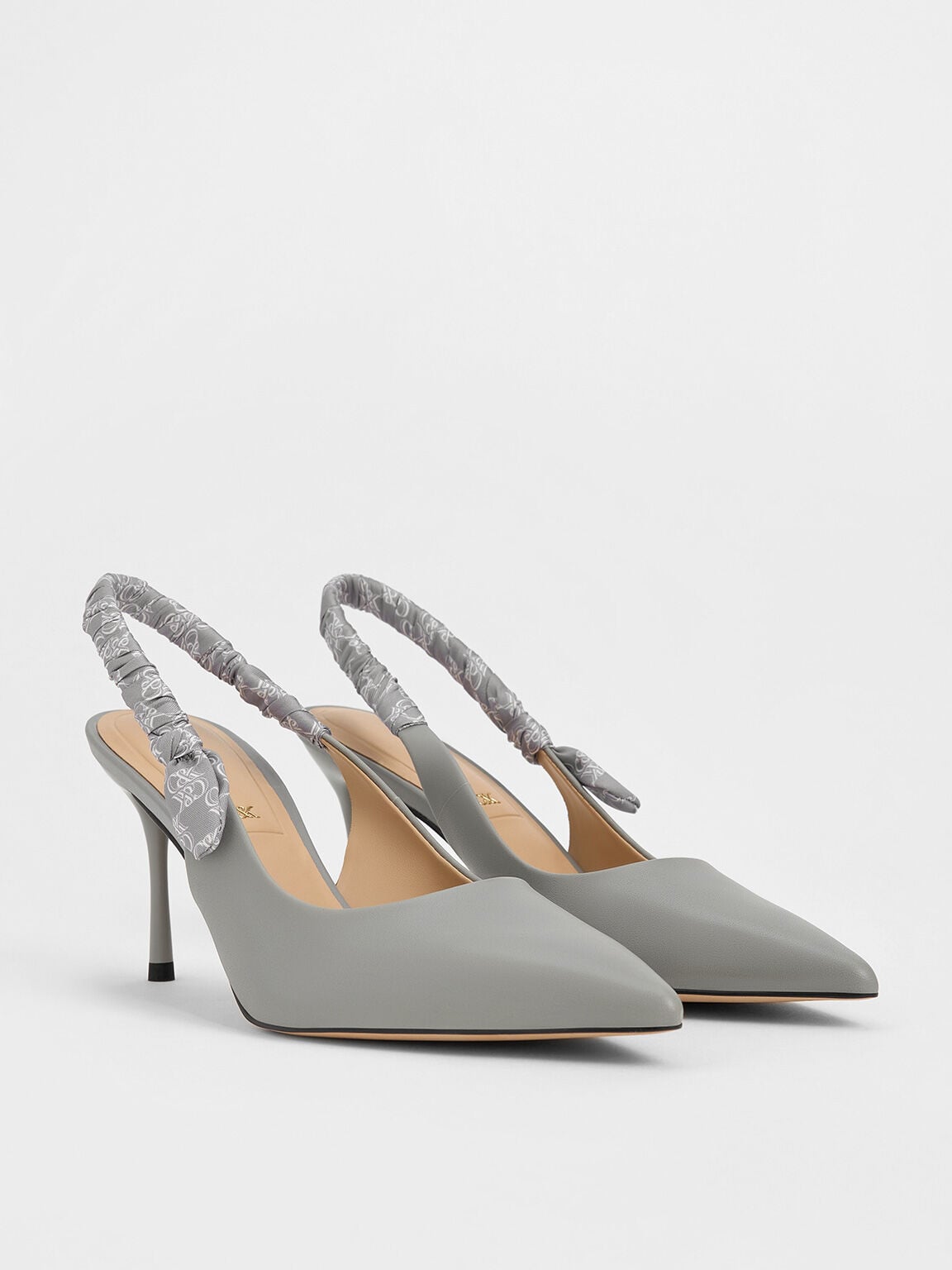 CHARLES & KEITH Everyday | Tully Leather Ruched Print Slingback Pumps - Grey