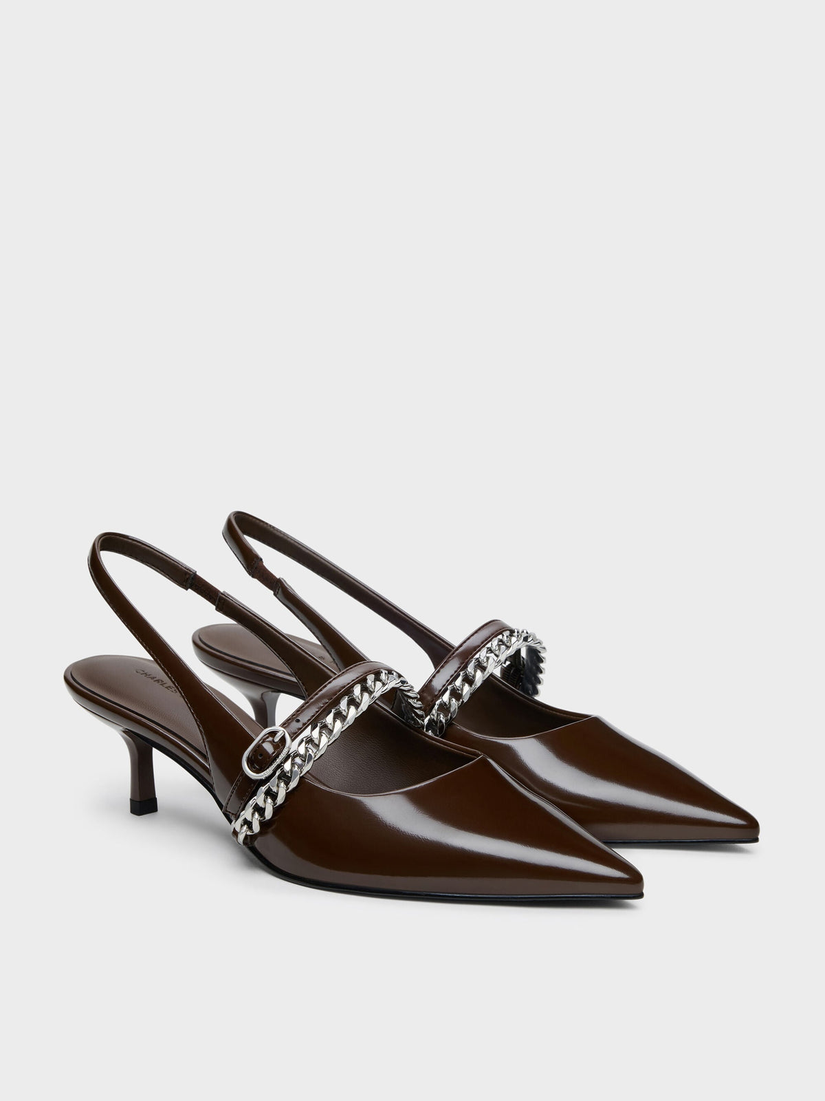 CHARLES & KEITH Sale | Georgie Chain Slingback Kitten Heels - Dark Brown