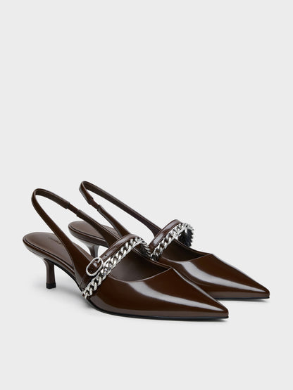 CHARLES & KEITH Sale | Georgie Chain Slingback Kitten Heels - Dark Brown
