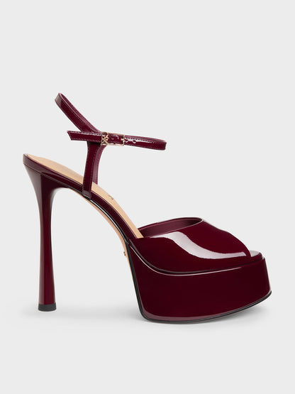 CHARLES & KEITH Popular | Francesca Patent Leather Peep-Toe Platform Heels - Burgundy