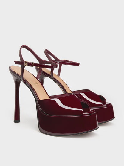 CHARLES & KEITH Popular | Francesca Patent Leather Peep-Toe Platform Heels - Burgundy