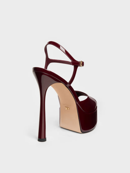 CHARLES & KEITH Popular | Francesca Patent Leather Peep-Toe Platform Heels - Burgundy