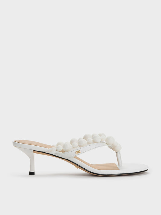 CHARLES & KEITH Classic | Leather Beaded Thong Kitten Heels - Chalk