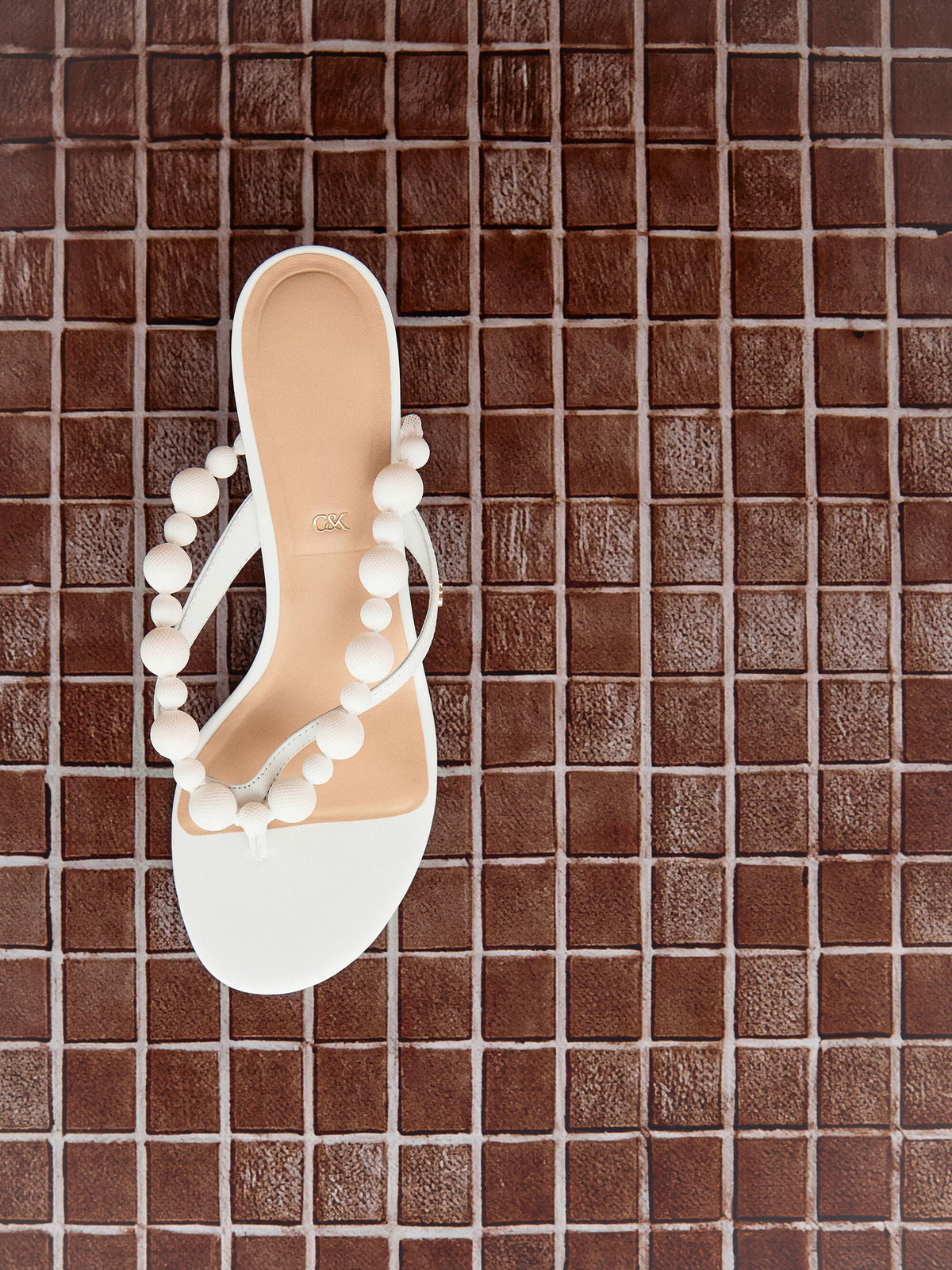 CHARLES & KEITH Classic | Leather Beaded Thong Kitten Heels - Chalk