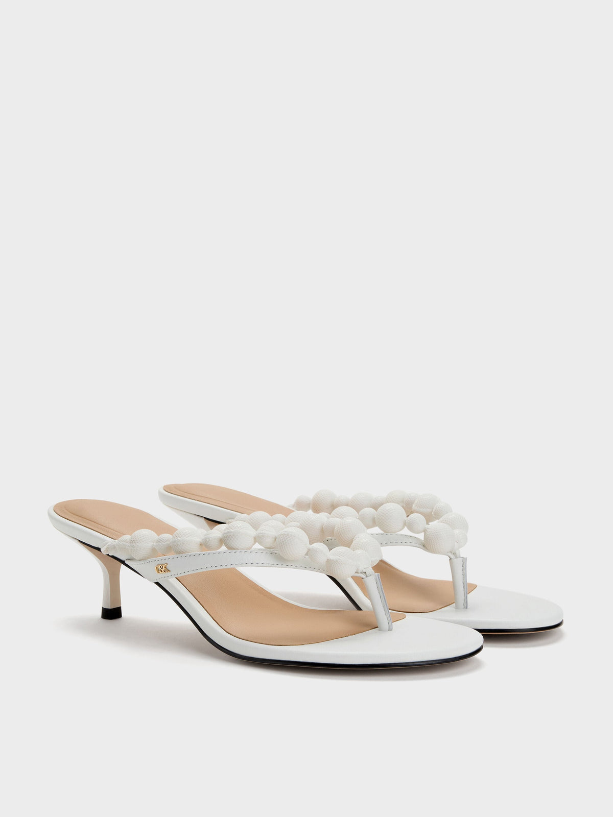 CHARLES & KEITH Classic | Leather Beaded Thong Kitten Heels - Chalk