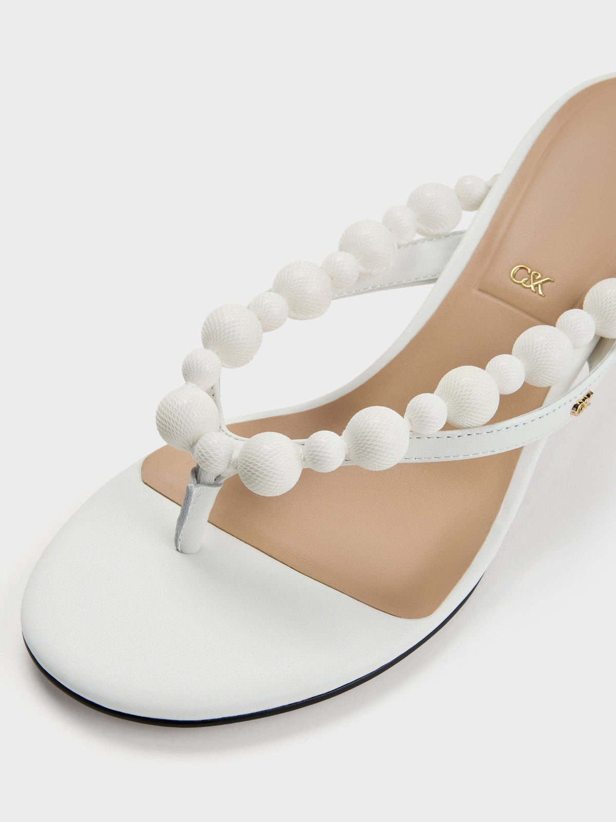 CHARLES & KEITH Classic | Leather Beaded Thong Kitten Heels - Chalk
