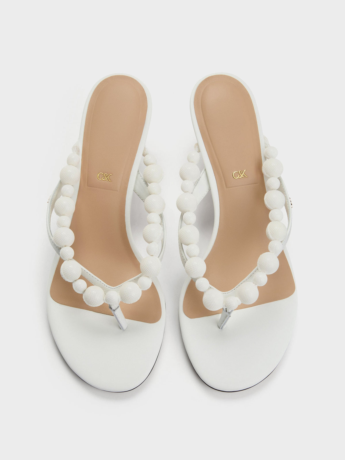 CHARLES & KEITH Classic | Leather Beaded Thong Kitten Heels - Chalk