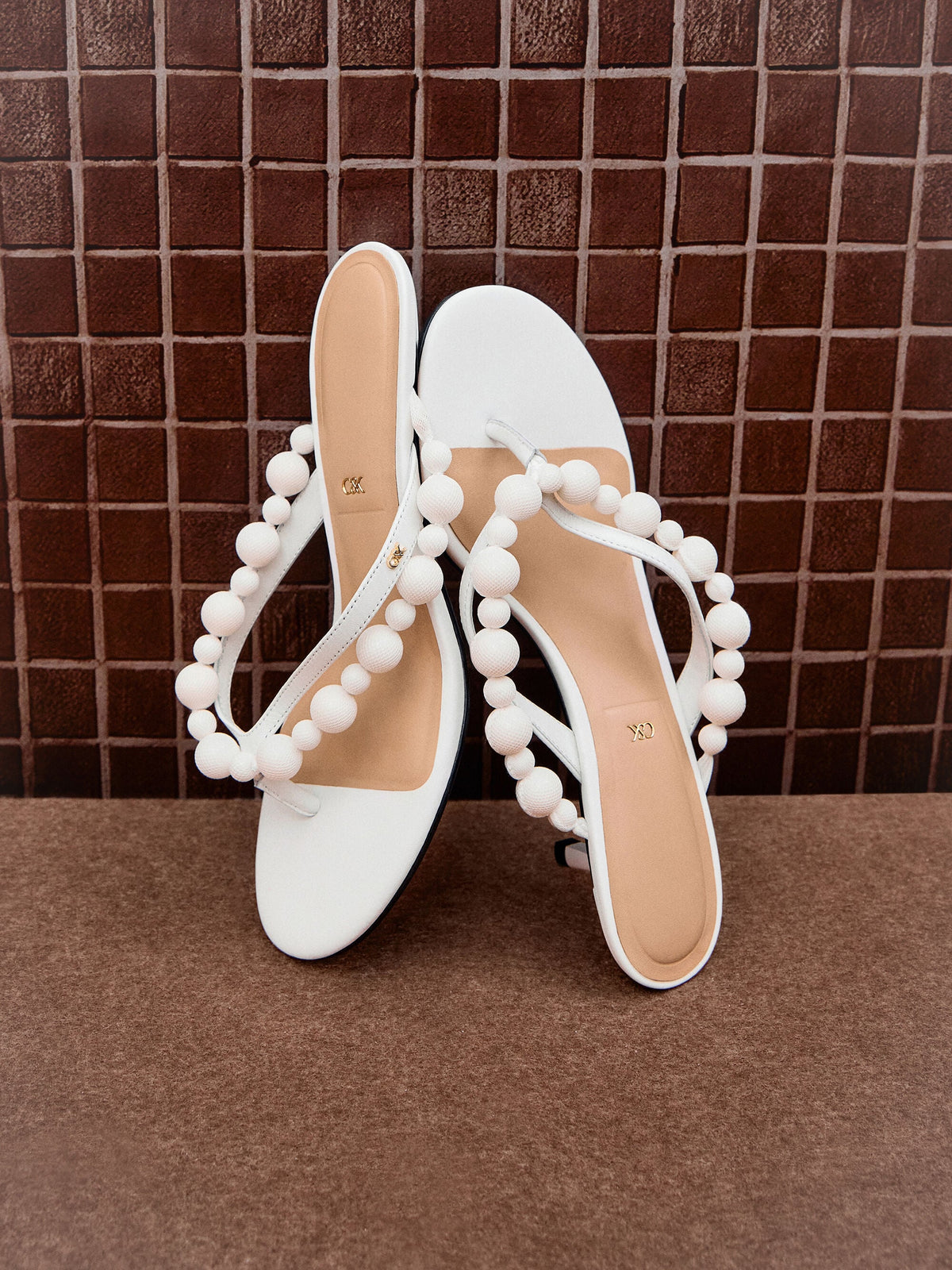 CHARLES & KEITH Classic | Leather Beaded Thong Kitten Heels - Chalk