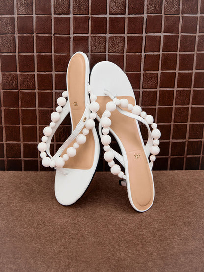 CHARLES & KEITH Classic | Leather Beaded Thong Kitten Heels - Chalk