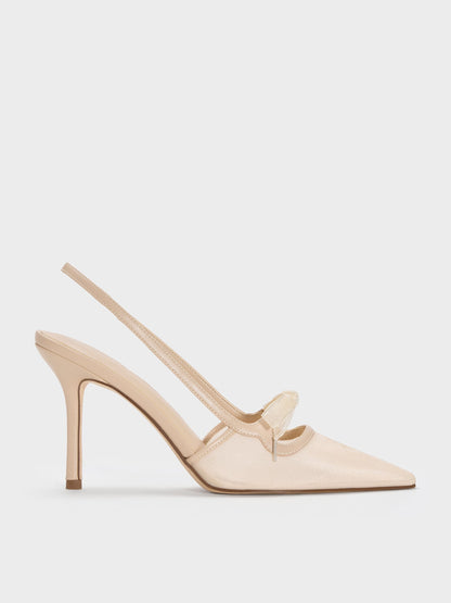 CHARLES & KEITH Smart Buy | Venetia Mesh Bow Pointed Slingback Pumps - Nude