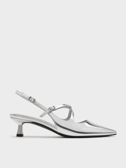 CHARLES & KEITH Great Value | Pauline Metallic Crossover Kitten Heels - Silver