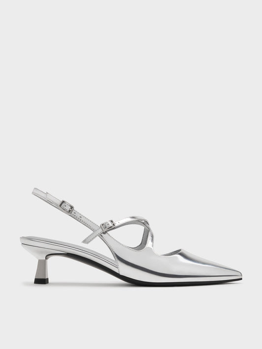 CHARLES & KEITH Great Value | Pauline Metallic Crossover Kitten Heels - Silver
