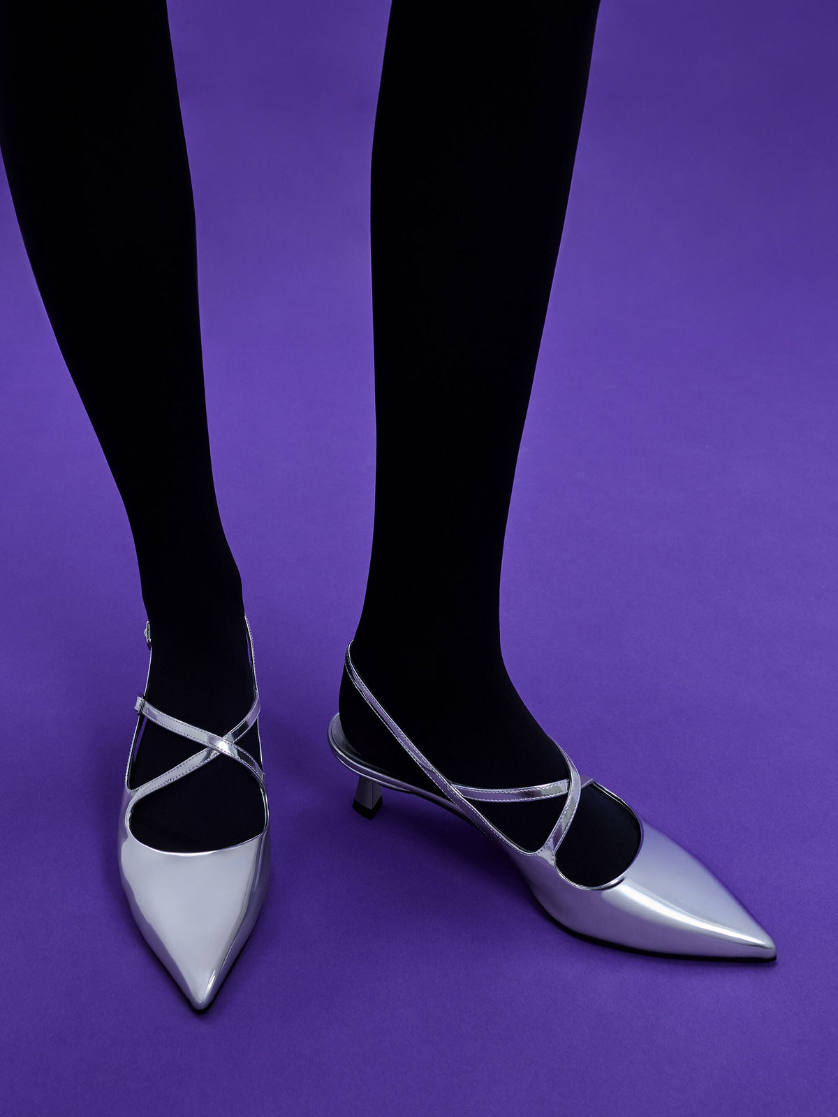 CHARLES & KEITH Great Value | Pauline Metallic Crossover Kitten Heels - Silver