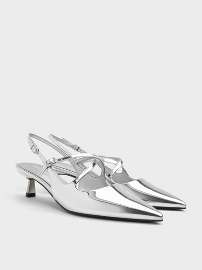 CHARLES & KEITH Great Value | Pauline Metallic Crossover Kitten Heels - Silver
