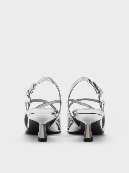 CHARLES & KEITH Great Value | Pauline Metallic Crossover Kitten Heels - Silver