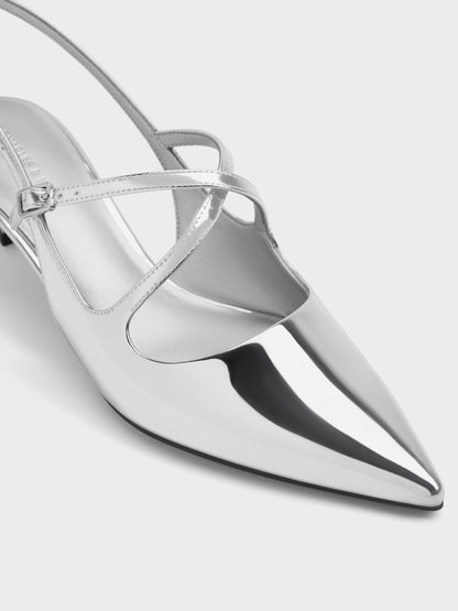 CHARLES & KEITH Great Value | Pauline Metallic Crossover Kitten Heels - Silver