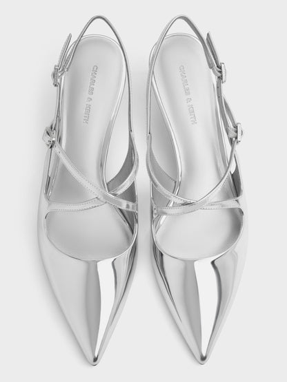 CHARLES & KEITH Great Value | Pauline Metallic Crossover Kitten Heels - Silver