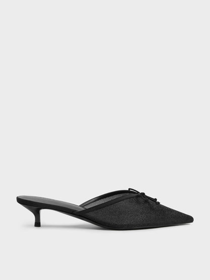 CHARLES & KEITH Smart Buy | Glittered Mesh Bow Kitten Heels - Black Textured