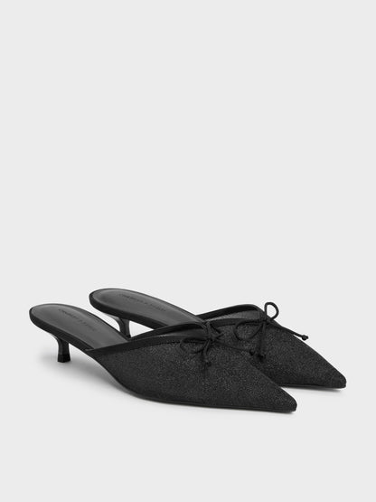 CHARLES & KEITH Smart Buy | Glittered Mesh Bow Kitten Heels - Black Textured