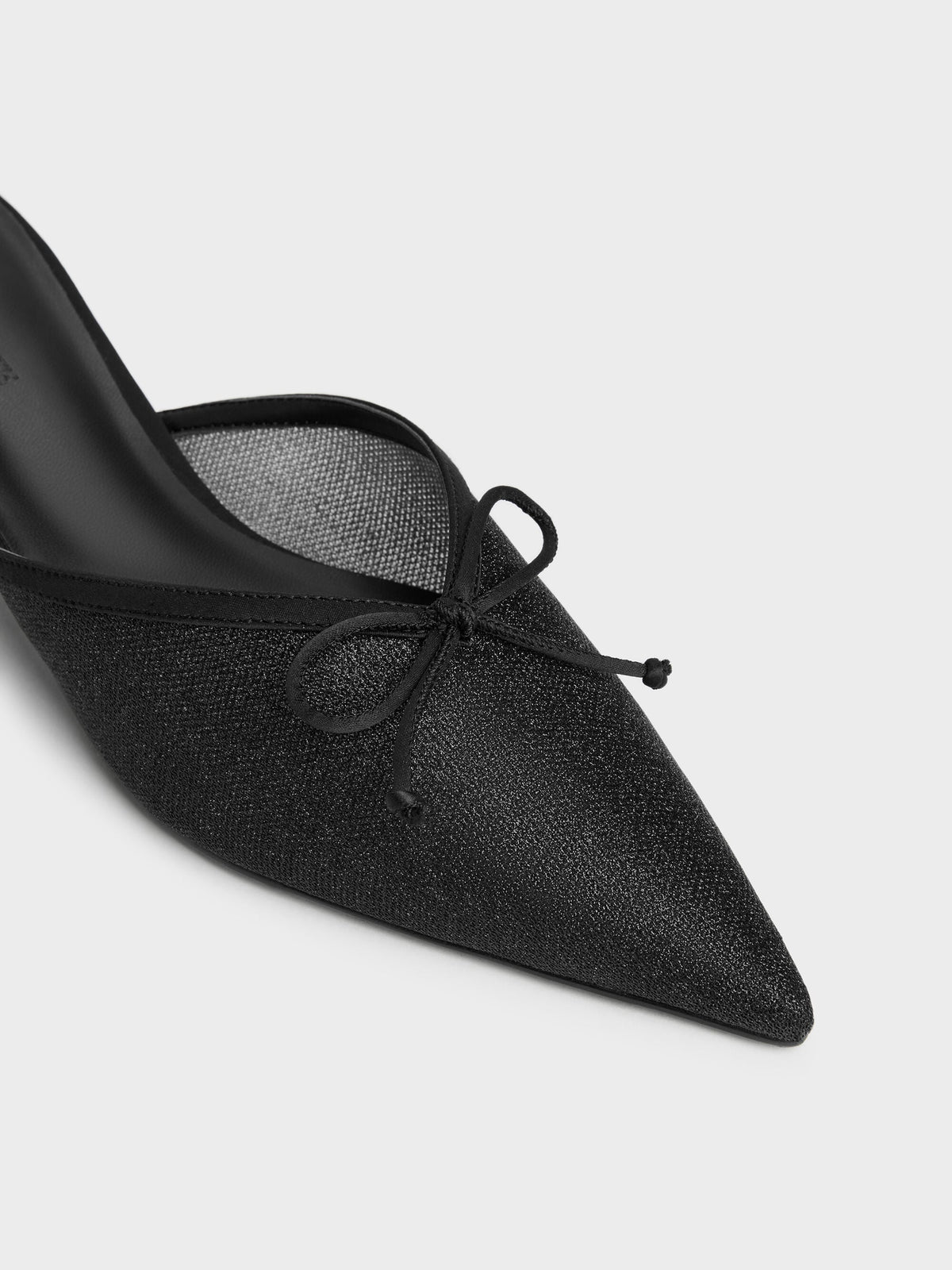 CHARLES & KEITH Smart Buy | Glittered Mesh Bow Kitten Heels - Black Textured