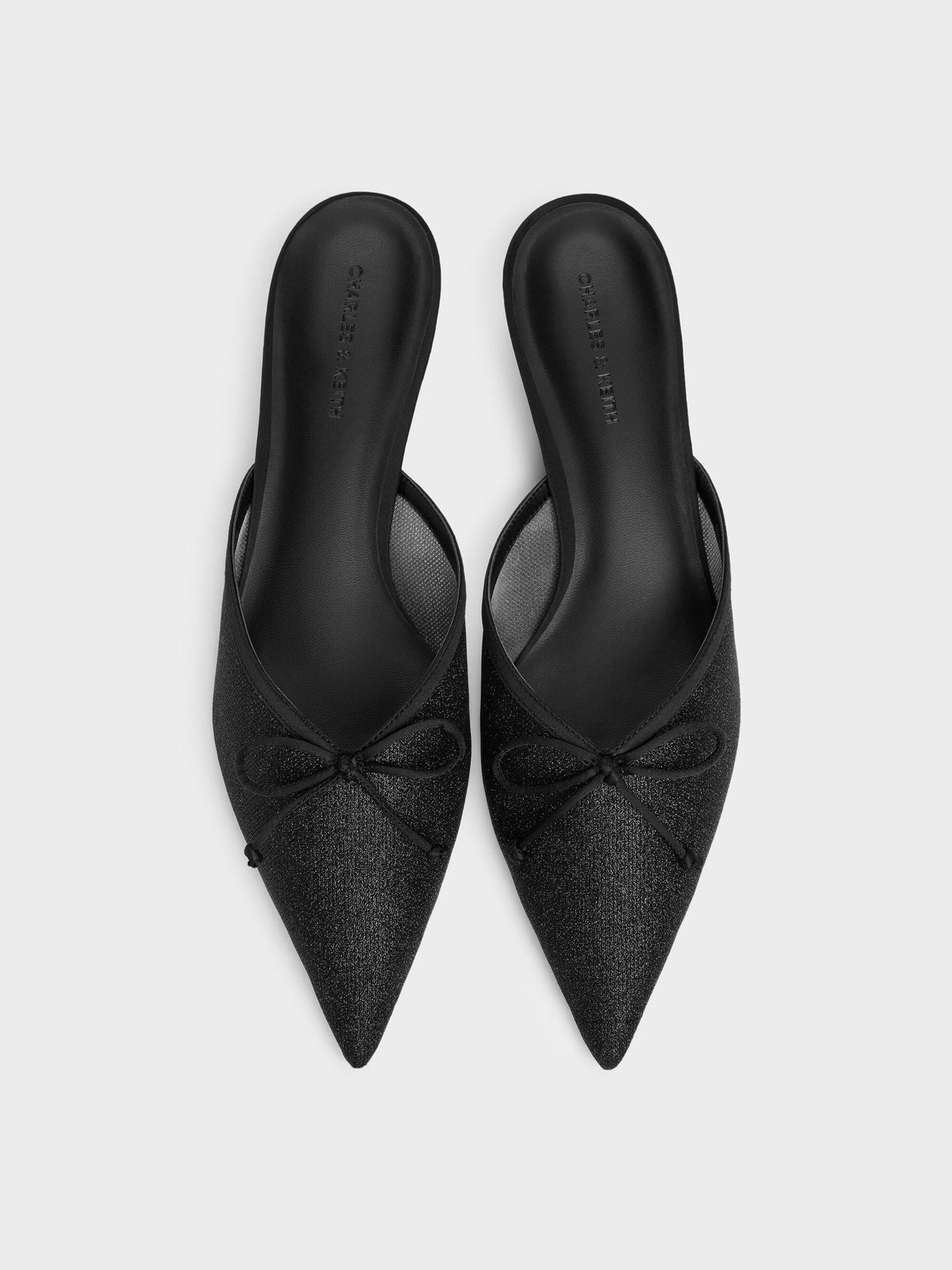 CHARLES & KEITH Smart Buy | Glittered Mesh Bow Kitten Heels - Black Textured
