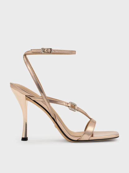 CHARLES & KEITH Premium | Metallic Leather Crystal-Buckle Ankle-Strap Heels - Bronze