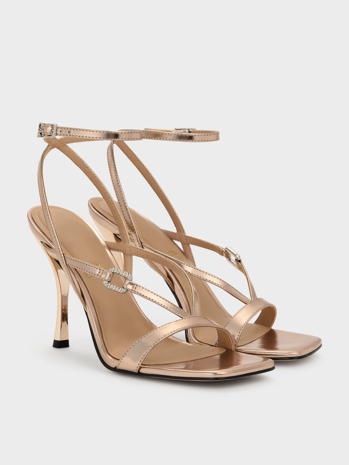 CHARLES & KEITH Premium | Metallic Leather Crystal-Buckle Ankle-Strap Heels - Bronze