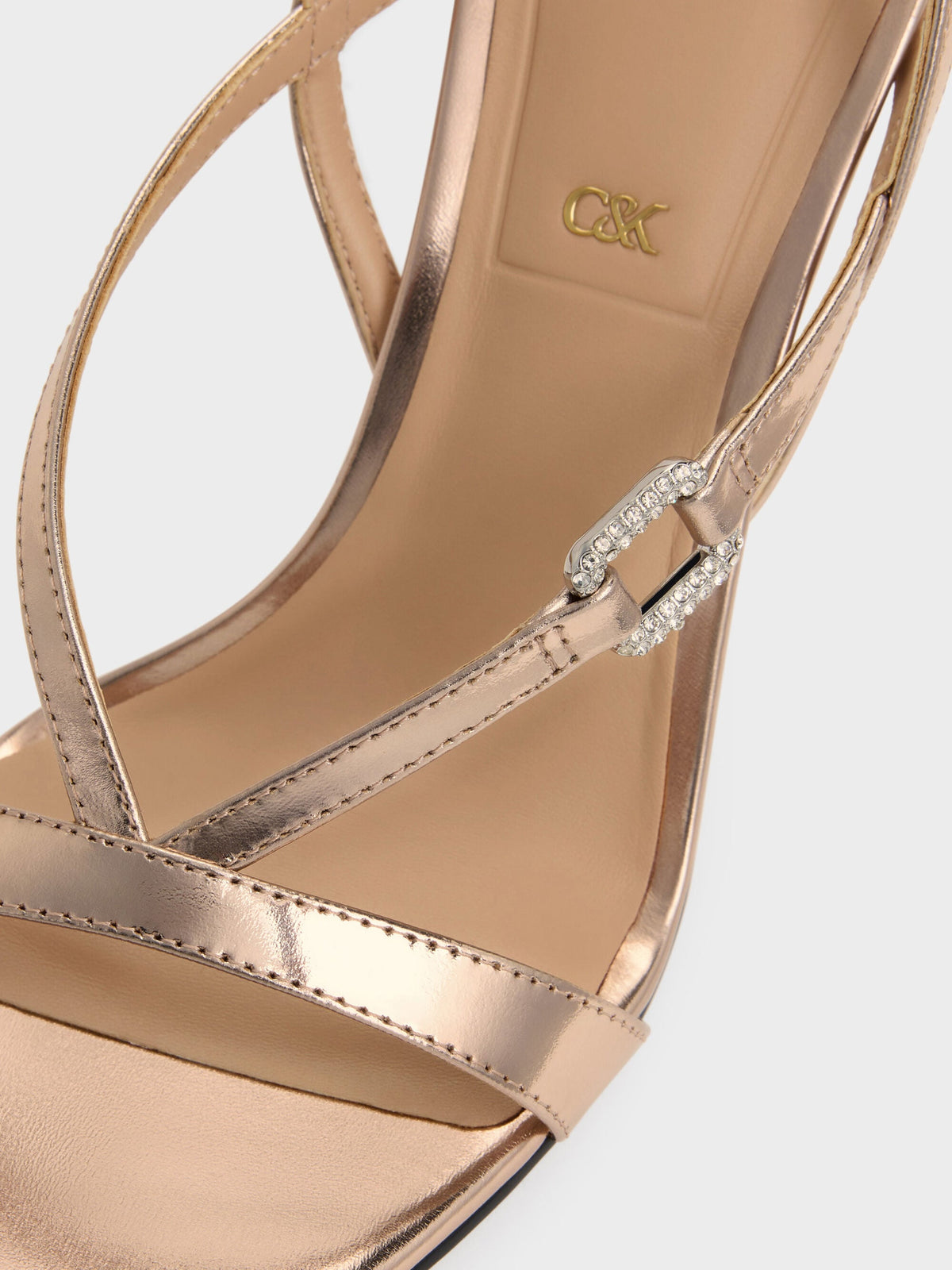 CHARLES & KEITH Premium | Metallic Leather Crystal-Buckle Ankle-Strap Heels - Bronze
