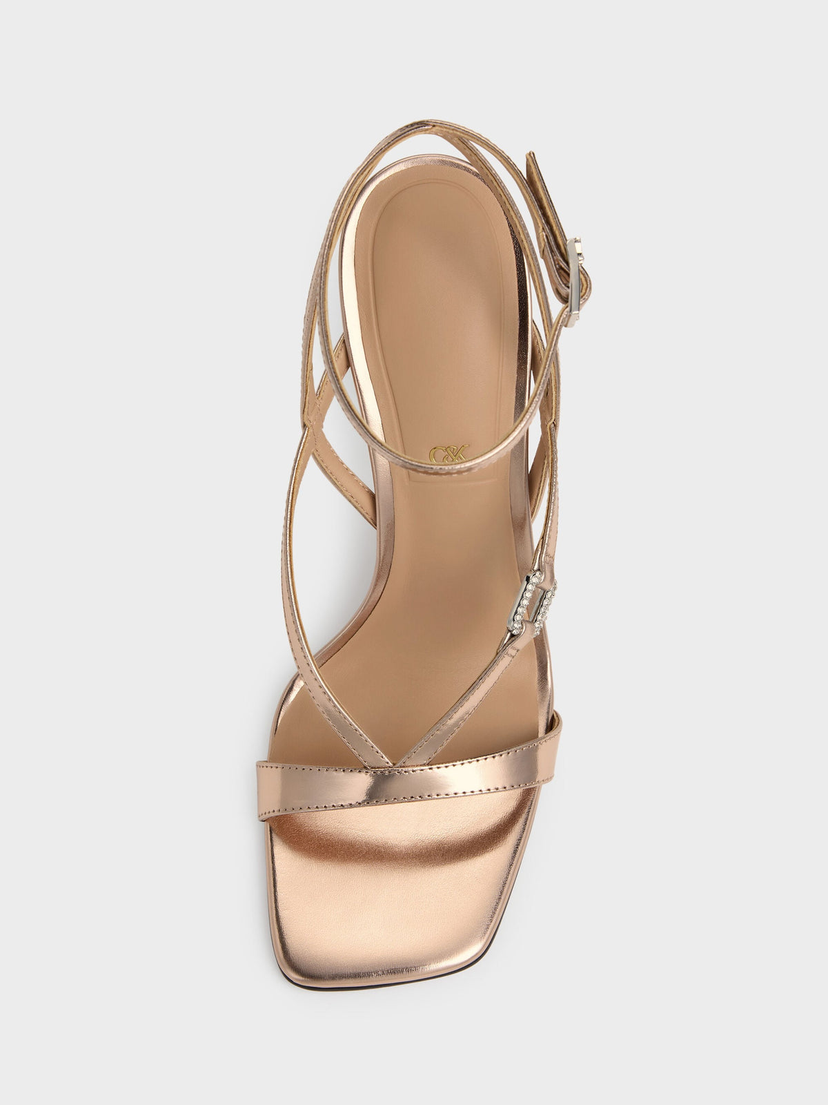 CHARLES & KEITH Premium | Metallic Leather Crystal-Buckle Ankle-Strap Heels - Bronze