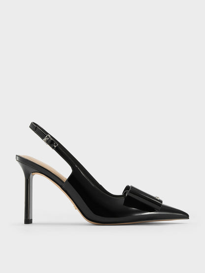 CHARLES & KEITH New | Lu Patent Leather Bow Slingback Pumps - Black Patent