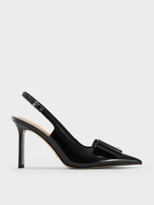 CHARLES & KEITH New | Lu Patent Leather Bow Slingback Pumps - Black Patent
